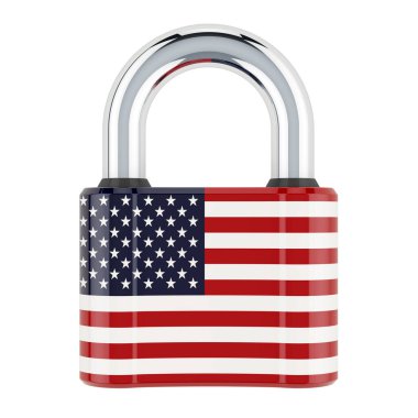 Birleşik Devletler bayrağıyla asma kilit, beyaz arkaplanda 3D görüntüleme