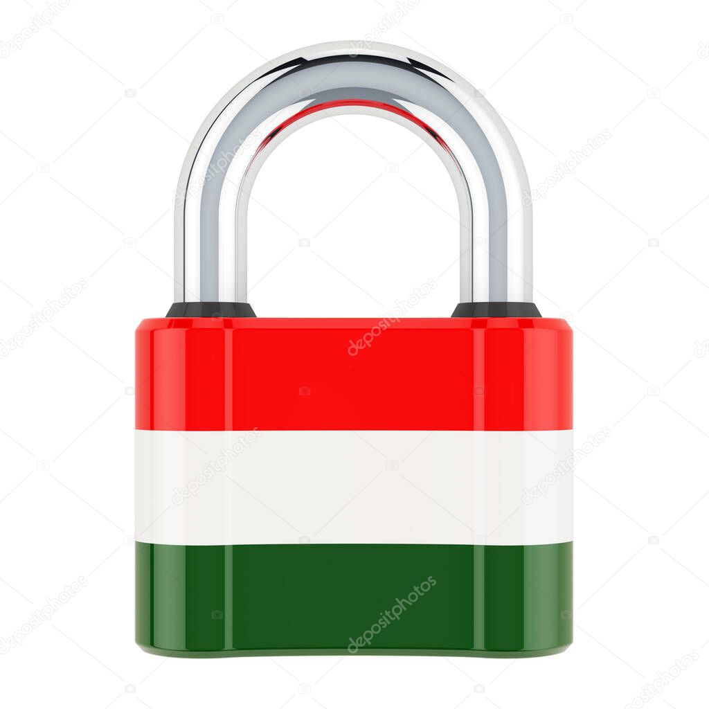 Padlock with Hungarian flag, 3D rendering isolated on white background