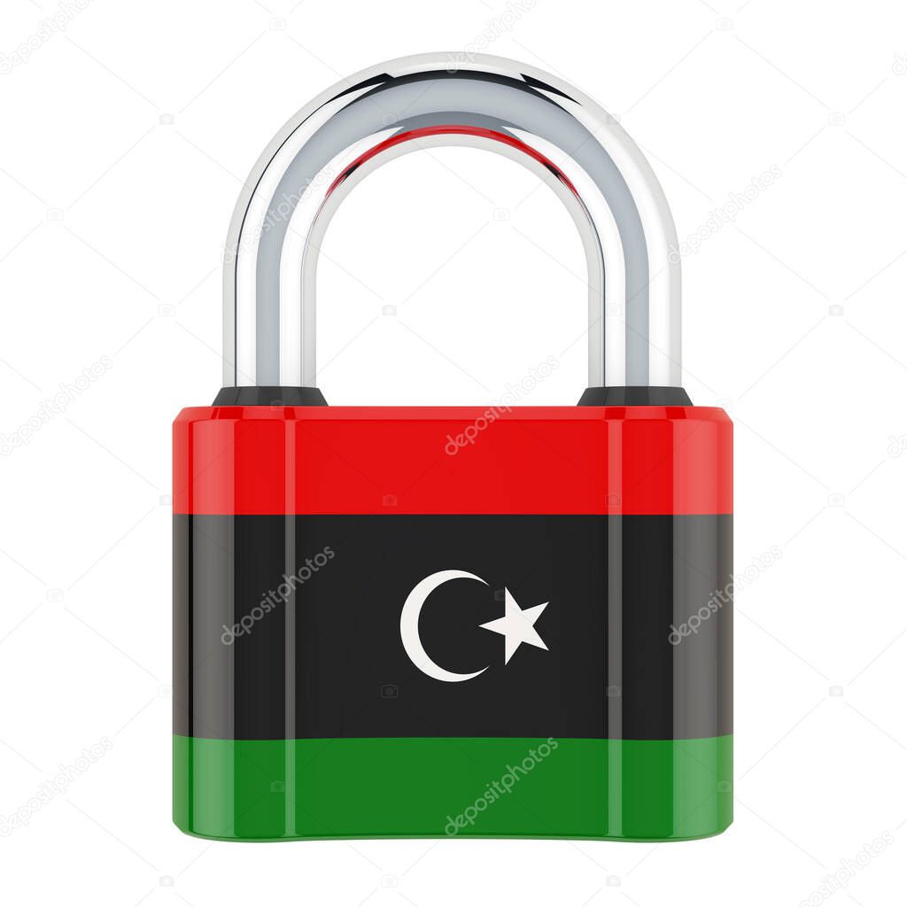 Padlock with Libyan flag, 3D rendering isolated on white background