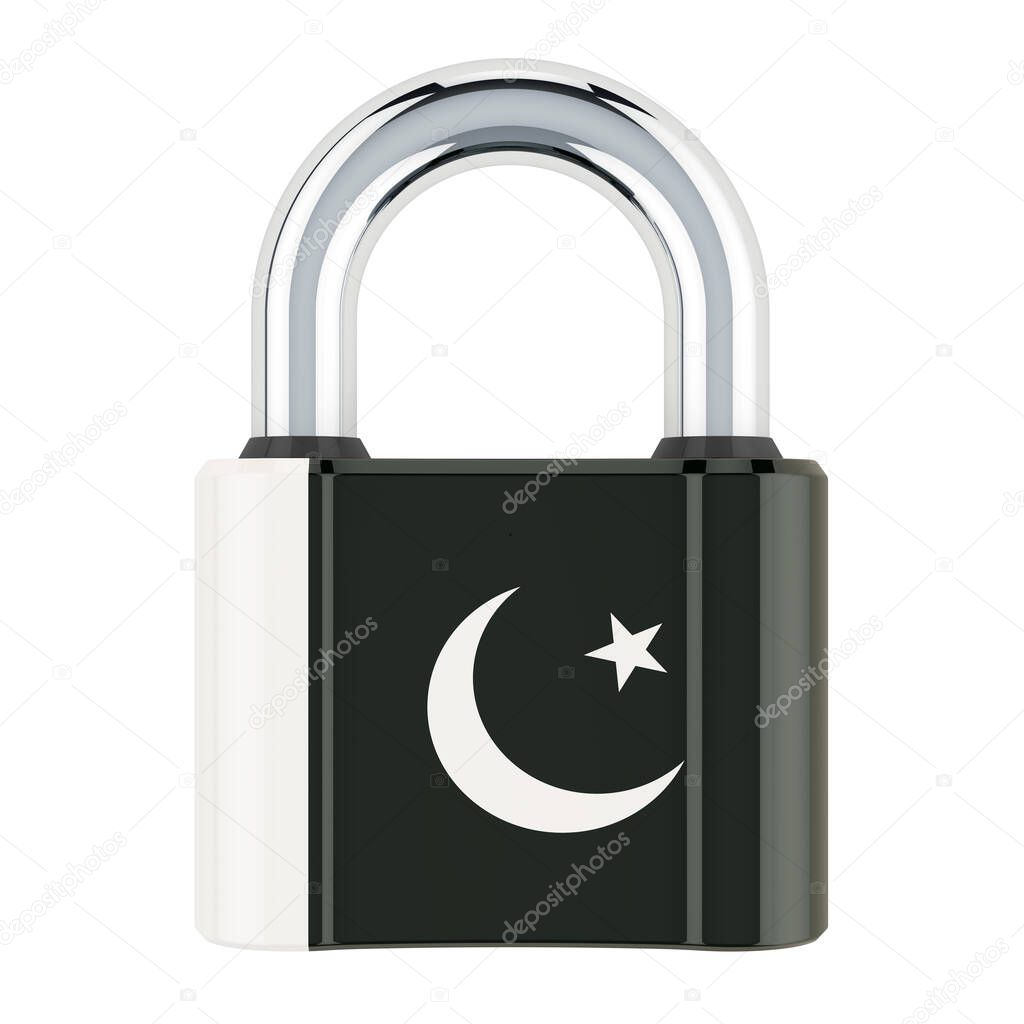 Padlock with Pakistani flag, 3D rendering isolated on white background