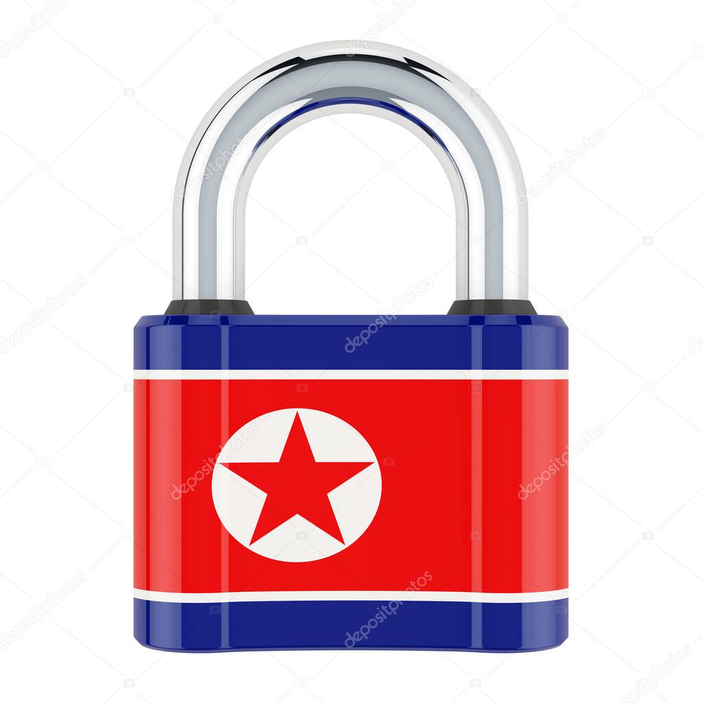 Padlock with North Korean flag, 3D rendering isolated on white background