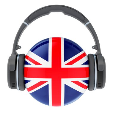İngiliz bayrağı taşıyan kulaklıklar, beyaz arkaplanda 3 boyutlu görüntüleme