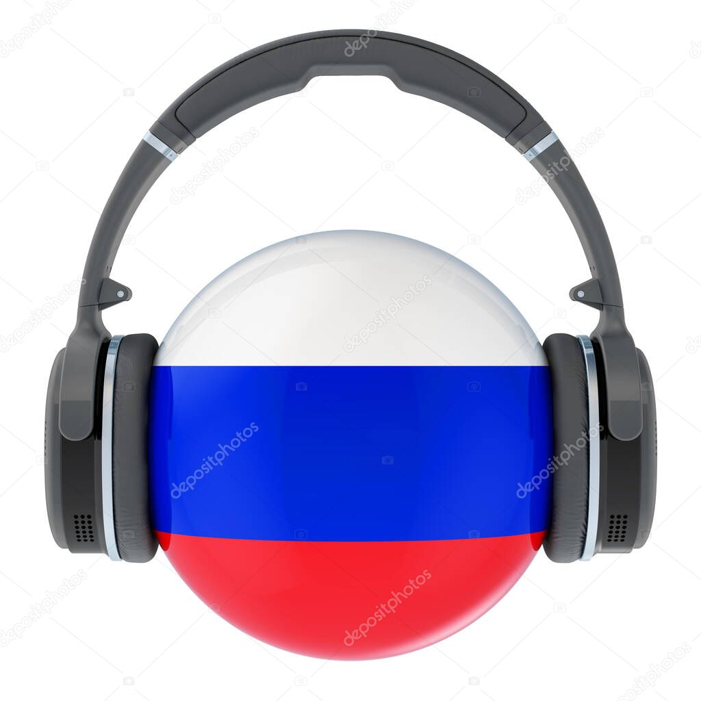Headphones with Russian flag, 3D rendering isolated on white background
