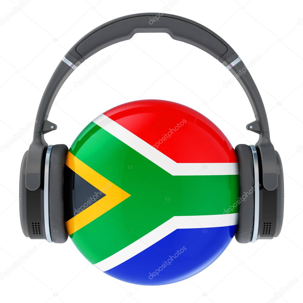 Headphones with South African flag, 3D rendering isolated on white background