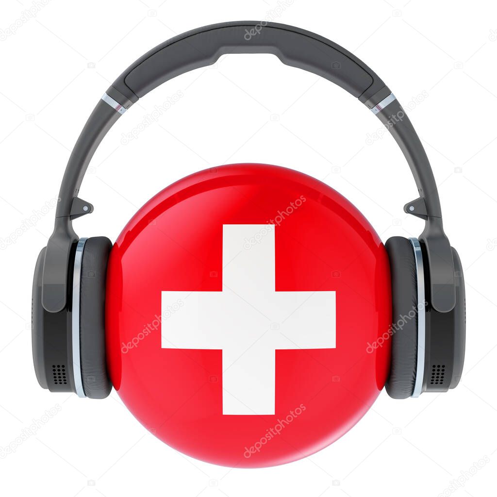 Headphones with Swiss flag, 3D rendering isolated on white background