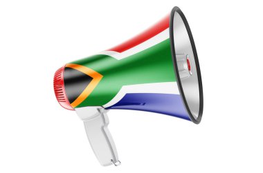 Güney Afrika bayrağıyla megafon, beyaz arkaplanda 3 boyutlu görüntüleme