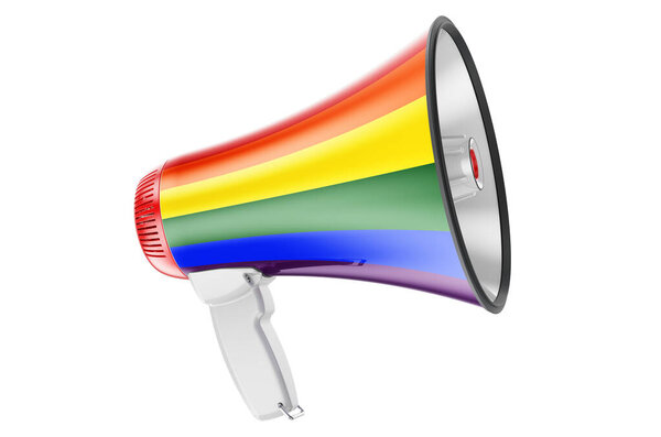 Megaphone with LGBT rainbow flag, 3D rendering  isolated on white background