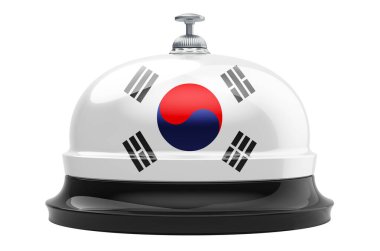 Güney Kore bayrağı taşıyan resepsiyon zili, beyaz arka planda 3 boyutlu görüntüleme