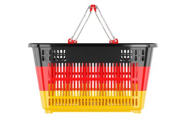 Alman bayraklı alışveriş sepeti, market sepeti ya da satın alma gücü konsepti. Beyaz arkaplanda 3B görüntüleme izole edildi