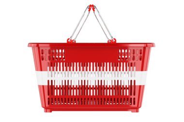 Letonya bayraklı alışveriş sepeti, market sepeti veya satın alma gücü konsepti. Beyaz arkaplanda 3B görüntüleme izole edildi