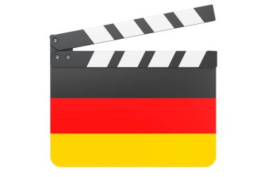 Alman bayraklı film panosu, film endüstrisi konsepti. Beyaz arkaplanda 3B görüntüleme izole edildi