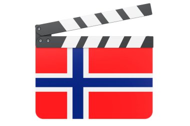 Norveç bayraklı film panosu, film endüstrisi konsepti. Beyaz arkaplanda 3B görüntüleme izole edildi