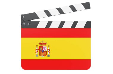 İspanyol bayraklı film panosu, film endüstrisi konsepti. Beyaz arkaplanda 3B görüntüleme izole edildi
