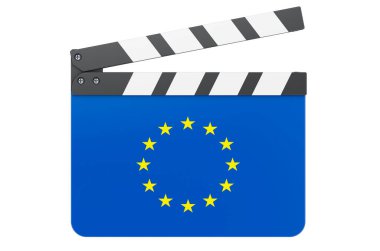 Avrupa Birliği bayraklı film panosu, film endüstrisi konsepti. Beyaz arkaplanda 3B görüntüleme izole edildi