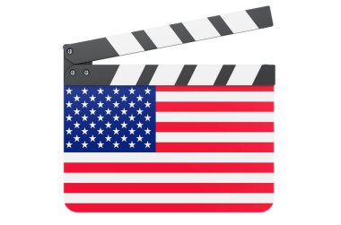 Film endüstrisi konsepti, Amerikan bayrağı. Beyaz arkaplanda 3B görüntüleme izole edildi