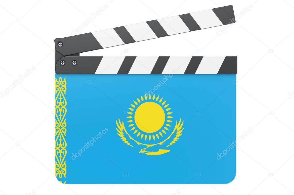 Movie clapperboard with Kazakh flag, film industry concept. 3D rendering isolated on white background