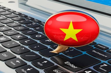 Vietnamca çevrimiçi kavramı öğren. Vietnam bayraklı konuşma balonu, beyaz arkaplanda 3 boyutlu görüntüleme