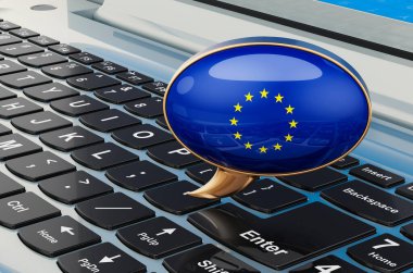 Klavye dizüstü bilgisayarında Avrupa Birliği bayrağı olan konuşma balonu, beyaz arkaplanda 3 boyutlu görüntüleme