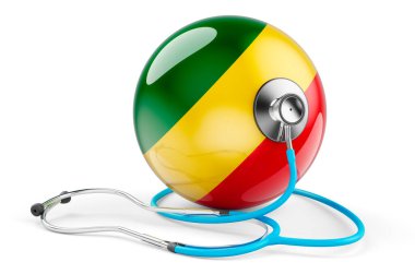 Steteskoplu Kongo bayrağı. Kongo konseptinde sağlık hizmeti, beyaz arka planda 3D görüntüleme