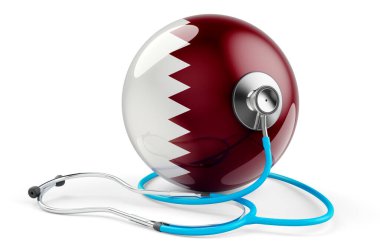 Steteskoplu Katar bayrağı. Katar konseptinde sağlık hizmeti, beyaz arka planda 3D görüntüleme