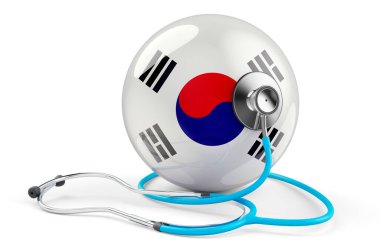 Steteskoplu Güney Kore bayrağı. Güney Kore konseptinde sağlık hizmeti, beyaz arka planda 3D görüntüleme