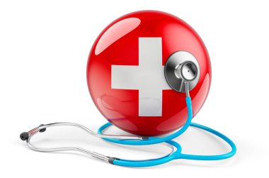 Steteskoplu İsviçre bayrağı. İsviçre konseptinde sağlık hizmetleri, beyaz arka planda 3 boyutlu görüntüleme