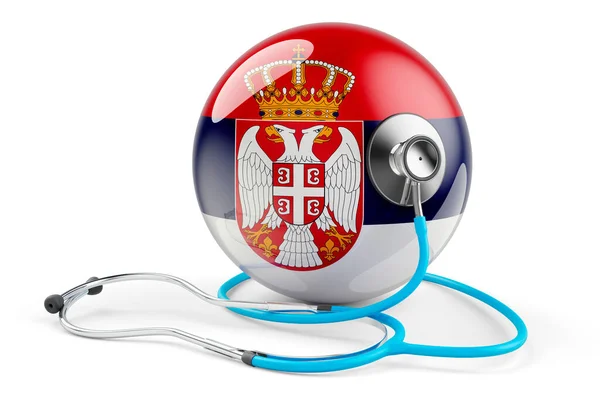 Bandeira Sérvia Com Estetoscópio Cuidados Saúde Sérvia Conceito Renderização Isolada — Fotografia de Stock