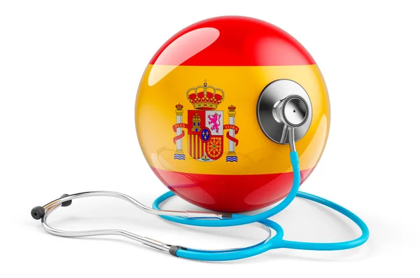 带听诊器的西班牙国旗 西班牙的医疗保健概念 3D渲染白色背景下的隔离 — 图库照片
