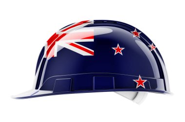 Yeni Zelanda bayrağına sahip sert başlık, beyaz arkaplanda 3 boyutlu görüntüleme