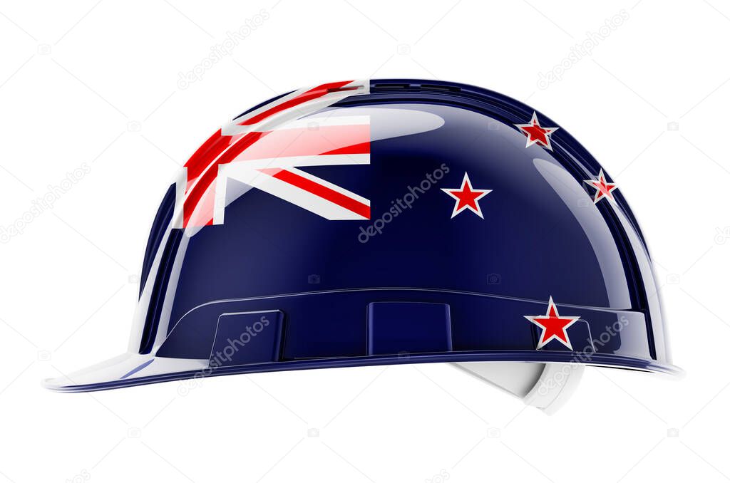 Hard hat with New Zealand flag, 3D rendering isolated on white background
