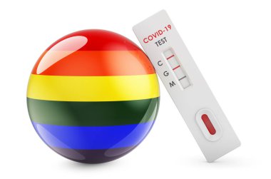 Antikor testi COVID-19 ile LGBT gökkuşağı bayrağı, beyaz arkaplanda 3 boyutlu görüntüleme