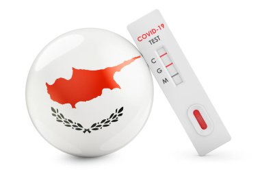 Kıbrıs 'ta koronavirüs teşhisi. Kıbrıs bayrağı taşıyan antikor testi COVID-19, beyaz arkaplanda 3 boyutlu görüntüleme