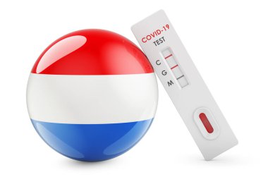 Lüksemburg 'da koronavirüs teşhisi. Lüksemburg bayrağı taşıyan antikor testi COVID-19, beyaz arkaplanda 3 boyutlu görüntüleme