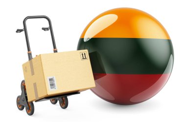 El arabasında Litvanya bayrağı olan bir paket var. Litvanya 'da nakliye, konsept. Beyaz arkaplanda 3B görüntüleme izole edildi