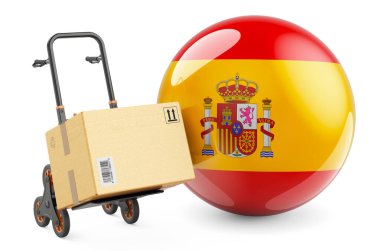El arabasında İspanyol bayrağı olan bir paket var. İspanya 'da nakliye, konsept. Beyaz arkaplanda 3B görüntüleme izole edildi