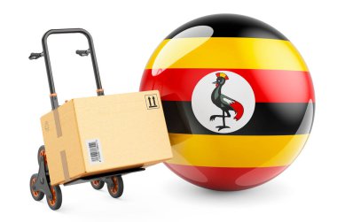 El arabasında Ugandalı bayrağı olan bir paket var. Uganda 'da nakliye, konsept. Beyaz arkaplanda 3B görüntüleme izole edildi