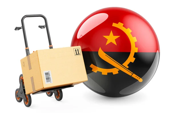 Csomag Kézikocsin Angolai Zászlóval Hajózás Angolában Koncepció Renderelés Elszigetelt Fehér — Stock Fotó