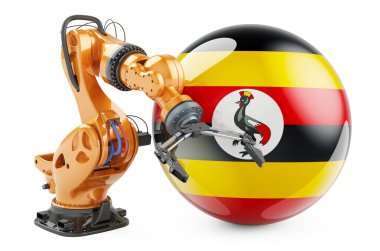 Ugandalı robotik kol. Modern teknoloji, endüstri ve üretim Uganda kavramında, 3D görüntüleme beyaz arka planda izole