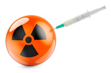 Radyasyon sembollü şırınga, beyaz arkaplanda 3 boyutlu görüntüleme