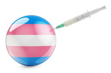 Transseksüel bayraklı şırınga, beyaz arkaplanda 3 boyutlu görüntüleme