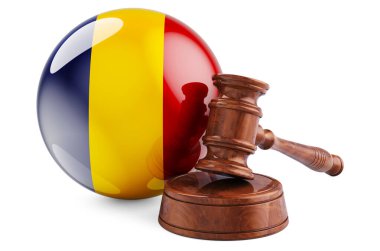 Romen hukuku ve adalet kavramı. Romanya bayraklı tahta tokmak. Beyaz arkaplanda 3B görüntüleme izole edildi