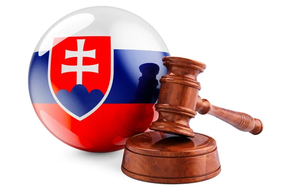 Slovakya hukuku ve adalet kavramı. Slovakya bayrağı taşıyan tahta tokmak. Beyaz arkaplanda 3B görüntüleme izole edildi
