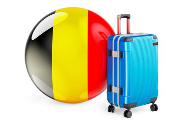 İçinde Belçika bayrağı olan valiz. Belçika seyahati konsepti, beyaz arkaplanda 3 boyutlu görüntüleme