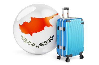 İçinde Kıbrıs bayrağı olan bavul. Kıbrıs Rum Kesimi seyahat kavramı, 3D görüntüleme beyaz arka planda izole edildi