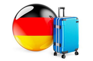 İçinde Alman bayrağı olan bavul. Almanya seyahati konsepti, 3 boyutlu görüntüleme beyaz arka planda izole edildi