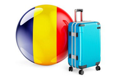 İçinde Romanya bayrağı olan bavul. Romanya 'nın seyahat kavramı ve 3D görüntüleme beyaz arka planda izole edildi