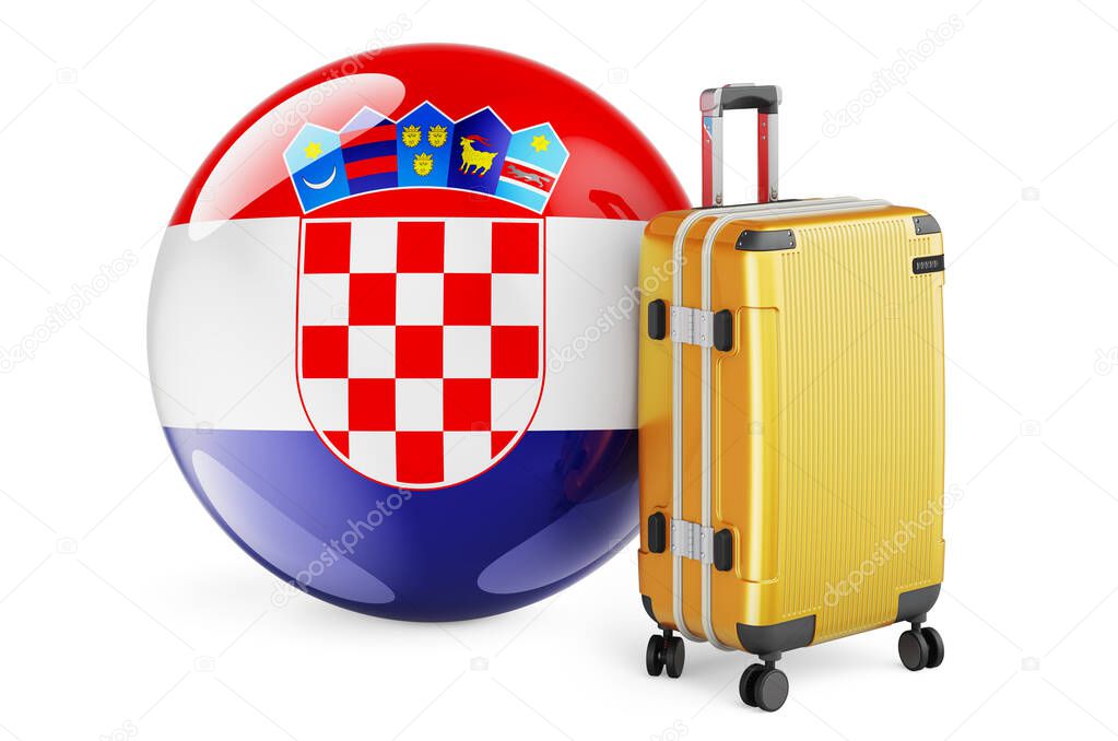Suitcase with Croatian flag. Croatia travel concept, 3D rendering isolated on white background