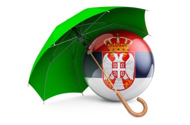 Sırp bayrağı şemsiye altında. Sırbistan 'ın koruma ve güvenliği kavramının 3D görüntüsü beyaz arkaplanda izole edildi