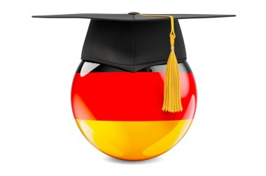 Almanya 'da eğitim kavramı. Mezuniyet şapkalı Alman bayrağı, beyaz arkaplanda 3D görüntüleme