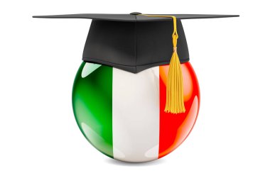 İrlanda 'da eğitim kavramı. Mezuniyet şapkalı İrlanda bayrağı, beyaz arka planda 3 boyutlu görüntüleme